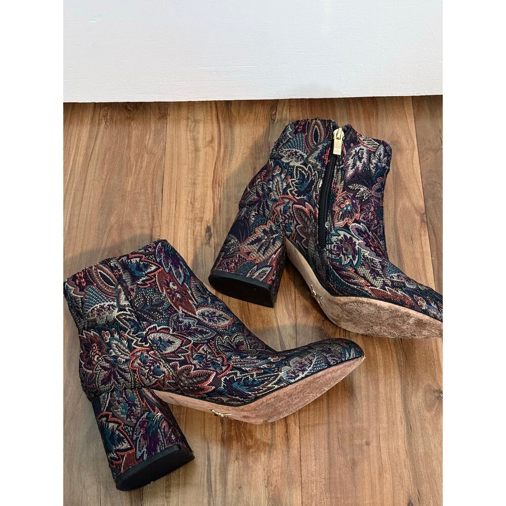 NICOLE MILLER Artelier gold red blue jacquard cloth chunky heeled booties boots - Picture 4 of 9